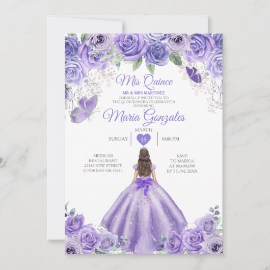 Paarse Lavendel Mis Quince 15 Anos Zilveren Kroon Kaart (Voorkant)