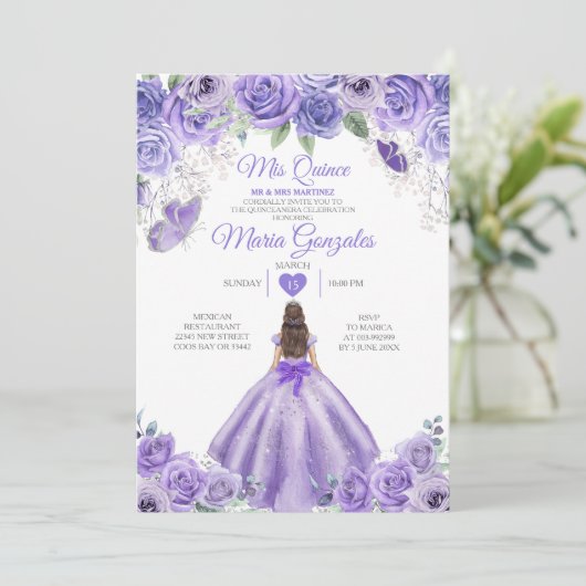 Paarse Lavendel Mis Quince 15 Anos Zilveren Kroon Kaart (Staand voorkant)