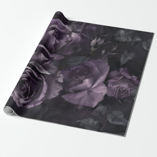 Paarse Lavendel Moody Rozen Floral Gothic Cadeaupapier (Uitgerold)