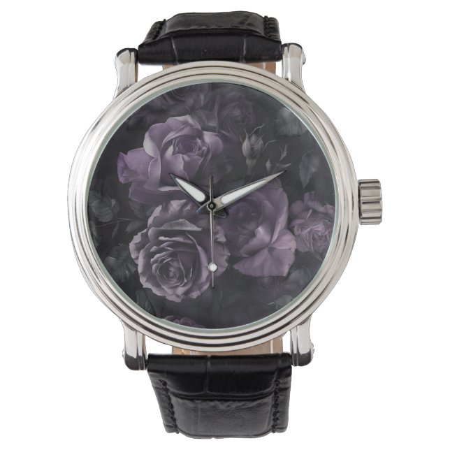 Paarse Lavendel Moody Rozen Floral Gothic Horloge (Voorkant)