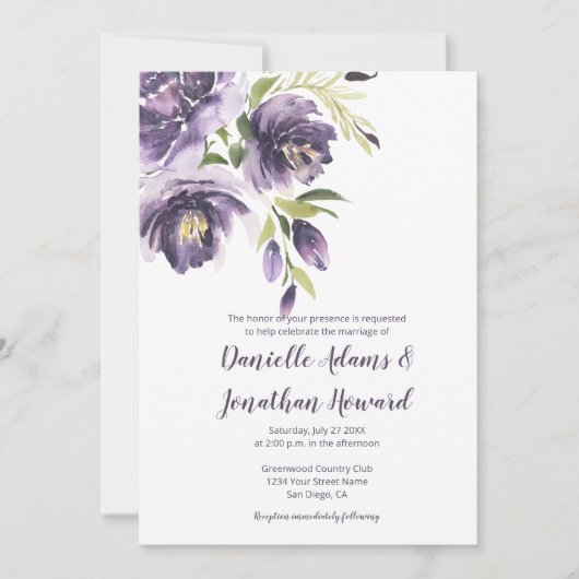 Paarse lavendel pioenen groen bruiloft kaart (Voorkant)