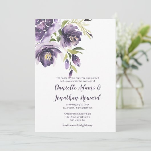 Paarse lavendel pioenen groen bruiloft kaart (Staand voorkant)