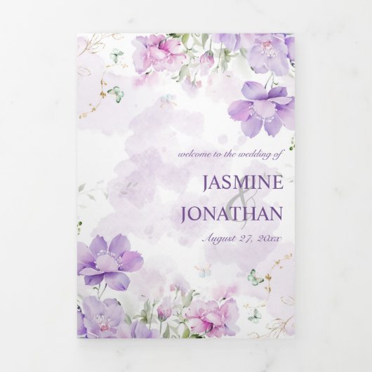 Paarse Lavendel pioenroos Bloemen Drievoudige brui Drieluik Uitnodiging (Cover)