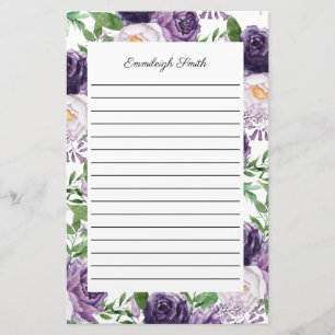 Paarse lavendel pioenrozen bloemrijke gelinieerde briefpapier