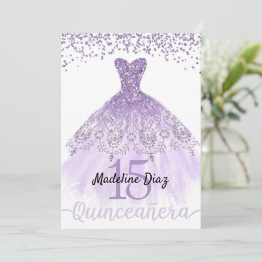 Paarse Lavendel Quinceanera Verjaardagsuitnodiging Kaart (Staand voorkant)