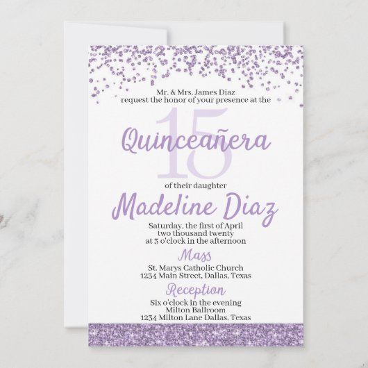 Paarse Lavendel Quinceanera Verjaardagsuitnodiging Kaart (Achterkant)