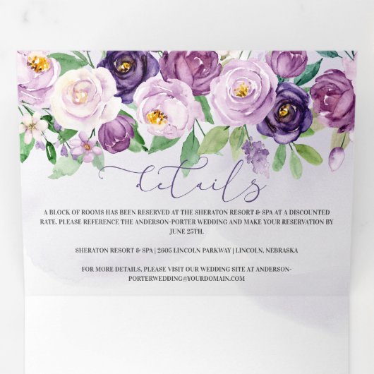 Paarse Lavendel Rozen *DIY* Kleurveranderingsscrip Drieluik Uitnodiging (Binnenzijde eerst)