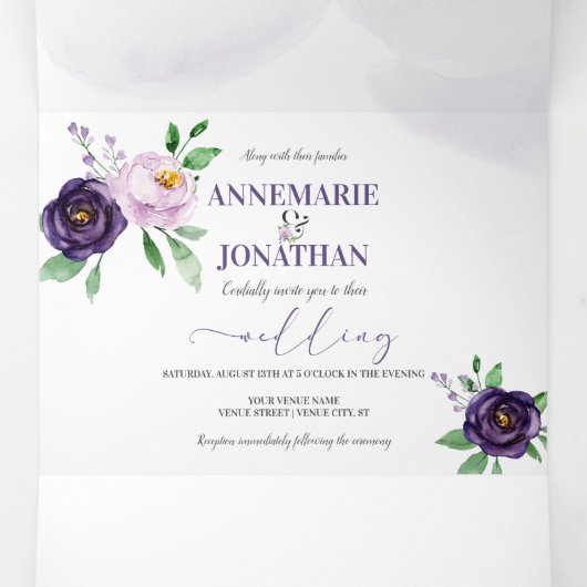 Paarse Lavendel Rozen *DIY* Kleurveranderingsscrip Drieluik Uitnodiging (Binnenkant midden)