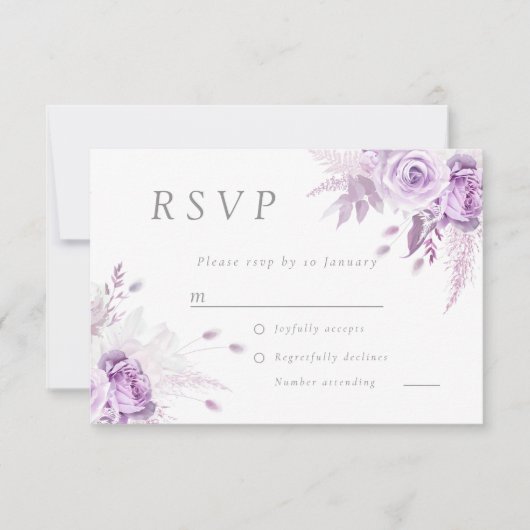 Paarse Lavendel Rozen Elegante bruiloft RSVP Kaartje (Voorkant)