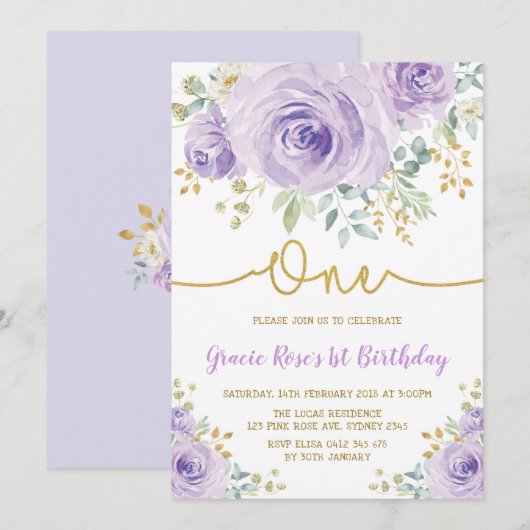 Paarse Lavendel Rozen Meisje 1e Verjaardagsfeest Kaart (Voorkant / Achterkant)