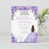 Paarse Lavendel Rozen & Zilveren Tiara Quinceanera Kaart (Staand voorkant)