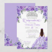 Paarse Lavendel Rozen & Zilveren Tiara Quinceanera Kaart (Voorkant / Achterkant)