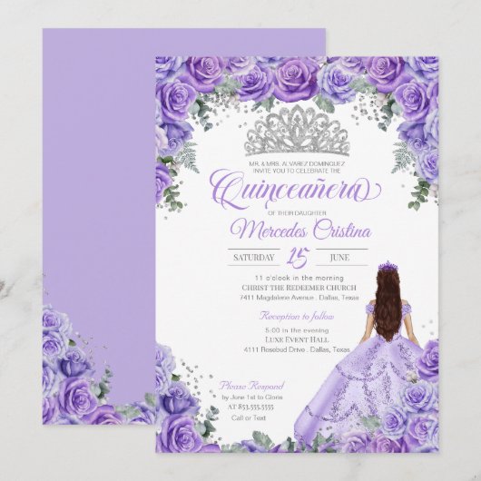 Paarse Lavendel Rozen & Zilveren Tiara Quinceanera Kaart (Voorkant / Achterkant)