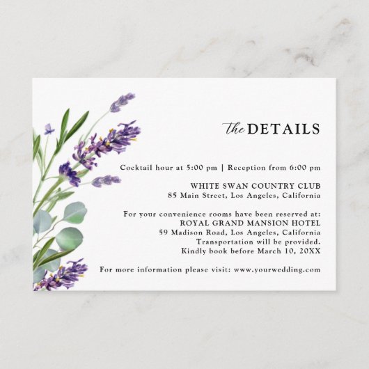 Paarse Lavendel Rustieke Bloemen Trouwdetails Informatiekaartje (Voorkant)