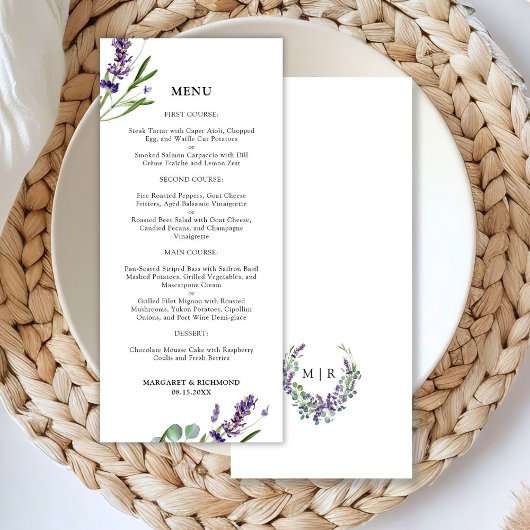 Paarse Lavendel Rustieke Bloemen Trouwmenu Menu