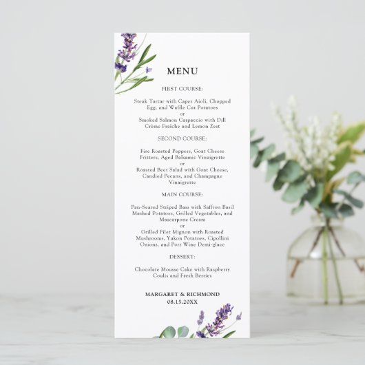Paarse Lavendel Rustieke Bloemen Trouwmenu Menu (Staand voorkant)