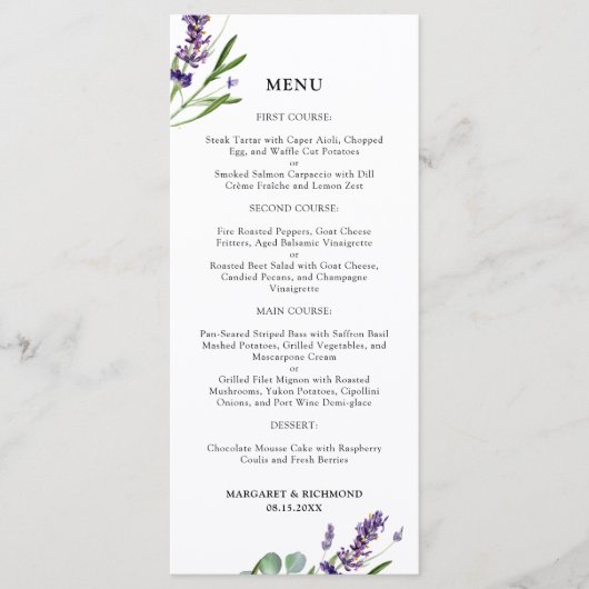 Paarse Lavendel Rustieke Bloemen Trouwmenu Menu (Voorkant)