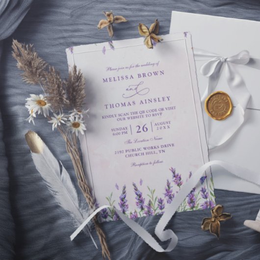 Paarse Lavendel Rustieke Elegante QR Code Trouw Kaart
