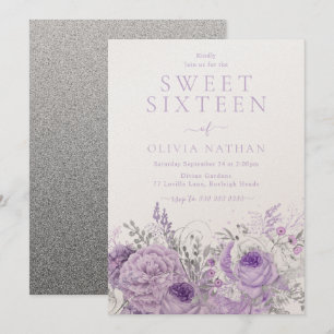 Paarse Lavendel Shimmer Floral Sweet 16 Party Kaart