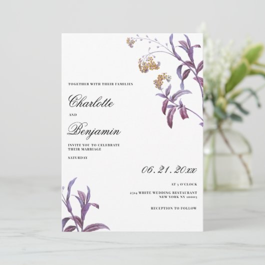  paarse lavendel sinaasappels blad bloemenbruiloft kaart (Staand voorkant)