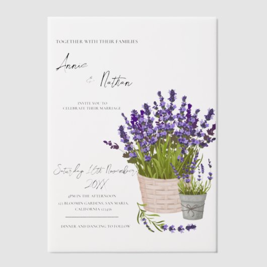 Paarse Lavendel Stems In Een Basket Bloemen Huweli Vellum Uitnodigingen (Voorkant)