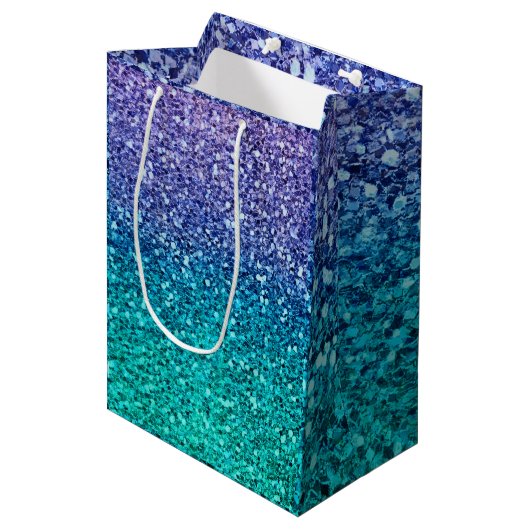 Paarse Lavendel & Turquoise Groen Glitter Feest Medium Cadeauzakje (Voorkant Gekanteld)