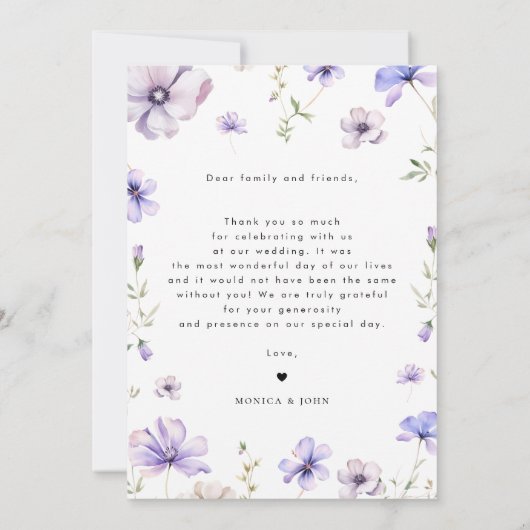 Paarse Lavendel Violet Bloemen & Boog Foto Bruilof Bedankkaart (Achterkant)