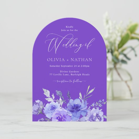 Paarse Lavendel Violet Bloemenboog bruiloft Kaart (Staand voorkant)