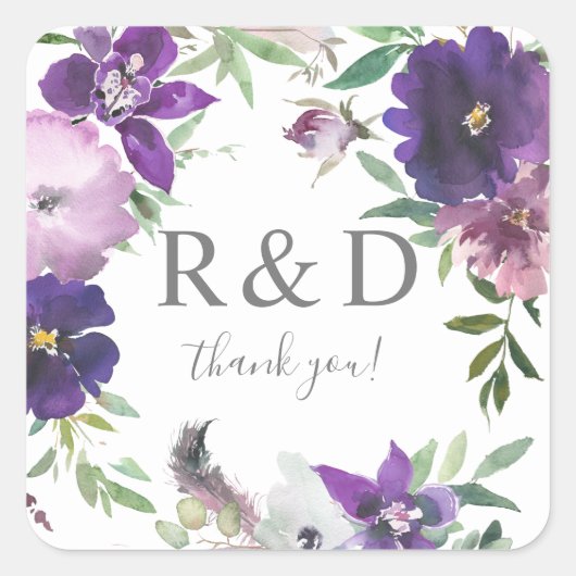 Paarse Lavendel & Violet Floral Monogram - Vierkante Sticker (Voorkant)
