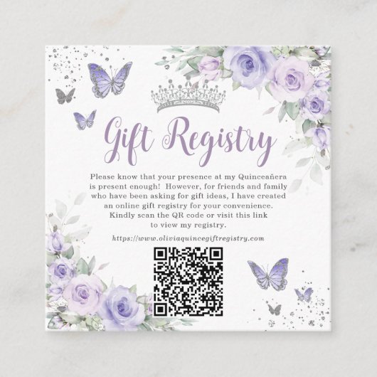 Paarse Lavendel Vlinders Quinceanera QR Gift Informatiekaartje (Voorkant)
