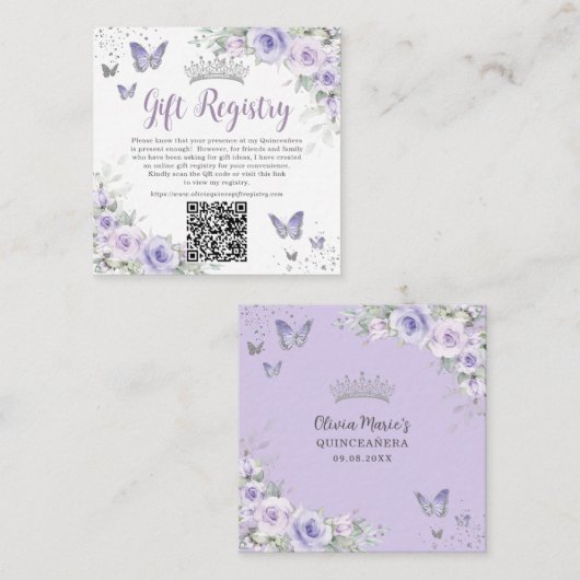 Paarse Lavendel Vlinders Quinceanera QR Gift Informatiekaartje (Voorkant / Achterkant)