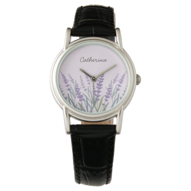 Paarse Lavendel Waterverf Bloemen Horloge (Voorkant)