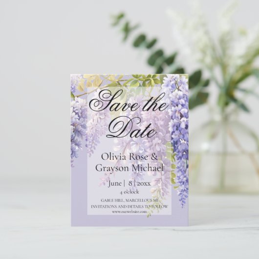 Paarse lavendel waterverf bloemenwisteria lila save the date (Staand voorkant)