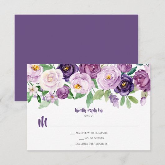 Paarse lavendel waterverf bloemstuk RSVP Kaartje (Voorkant / Achterkant)