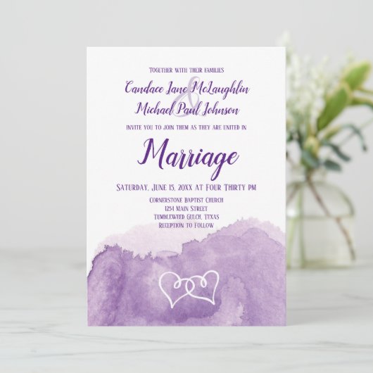 Paarse lavendel Waterverf dubbele harten bruiloft Kaart (Staand voorkant)