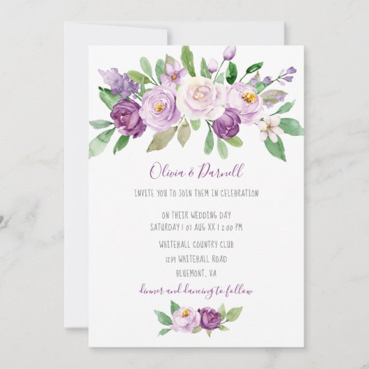 Paarse Lavendel Waterverf Floral Wedding Kaart (Voorkant)