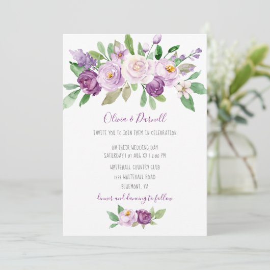 Paarse Lavendel Waterverf Floral Wedding Kaart (Staand voorkant)