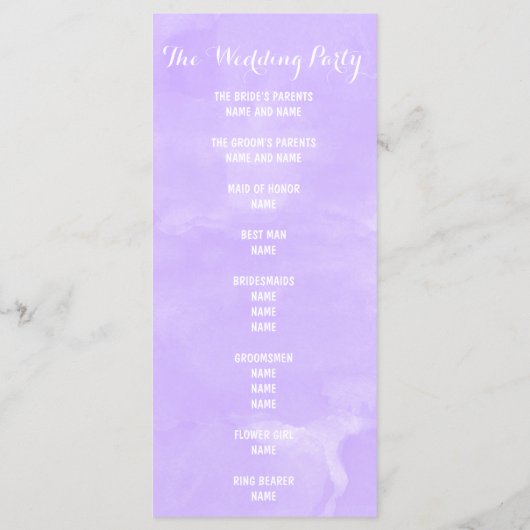 Paarse lavendel waterverf huwelijksprogramma programmakaart (Achterkant)