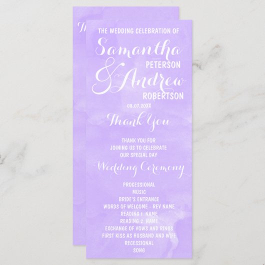 Paarse lavendel waterverf huwelijksprogramma programmakaart (Voorkant / Achterkant)