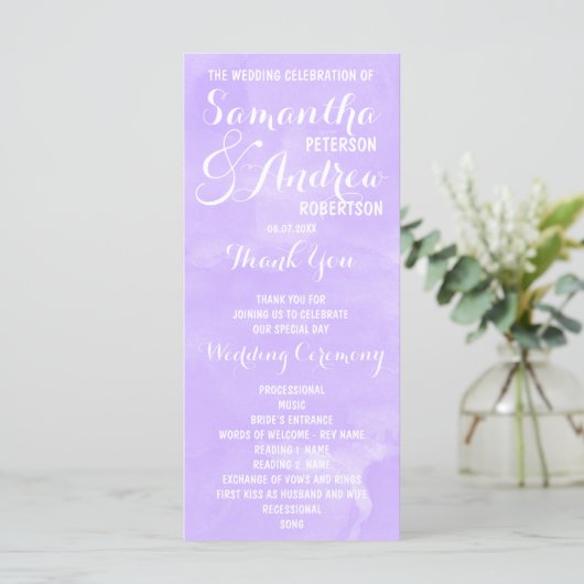 Paarse lavendel waterverf huwelijksprogramma programmakaart (Staand voorkant)