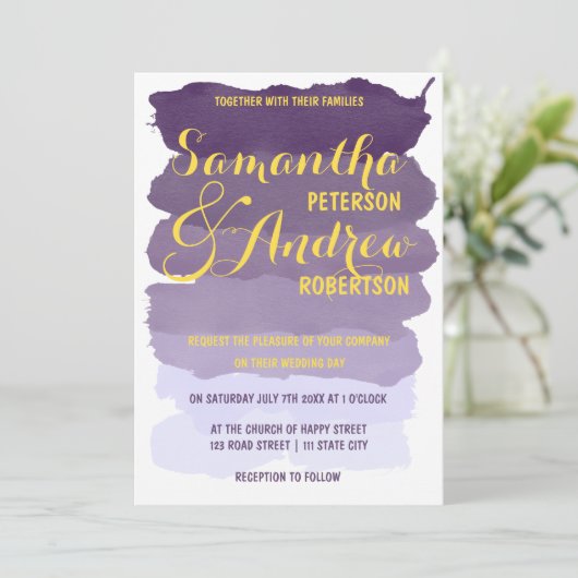 Paarse lavendel waterverf ombre bruiloft kaart (Staand voorkant)