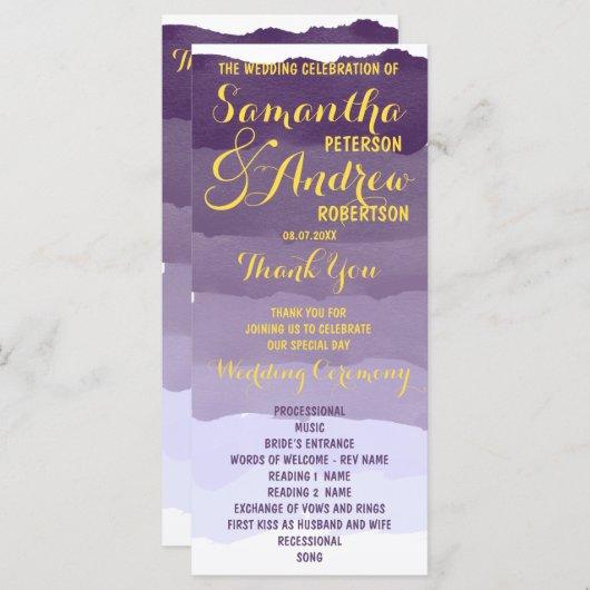 Paarse lavendel waterverf ombre huwelijksprogramma programmakaart (Voorkant / Achterkant)