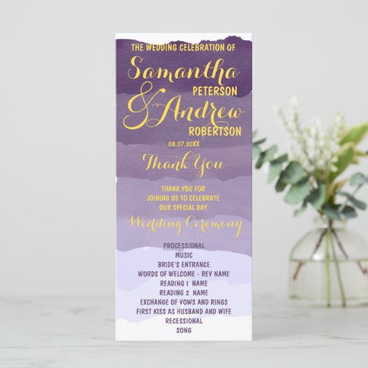 Paarse lavendel waterverf ombre huwelijksprogramma programmakaart (Staand voorkant)
