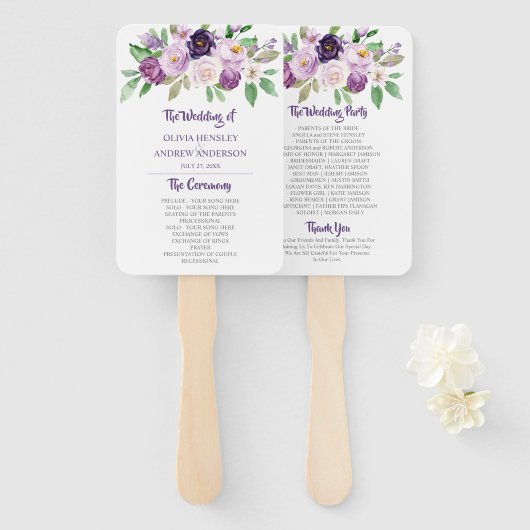 Paarse & Lavendel Waterverf Rozen Bruiloft Handwaaier (Voorkant en achterkant)