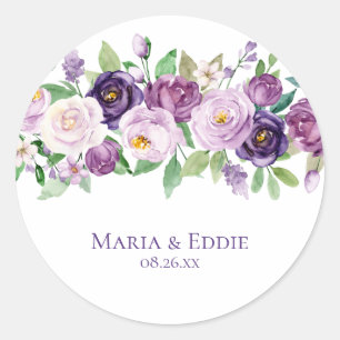 Paarse & Lavendel Waterverf Rozen Bruiloft Ronde Sticker