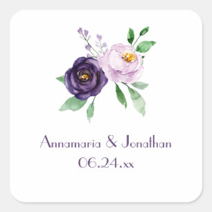 Paarse & Lavendel Waterverf Rozen Trouwdatum Vierkante Sticker