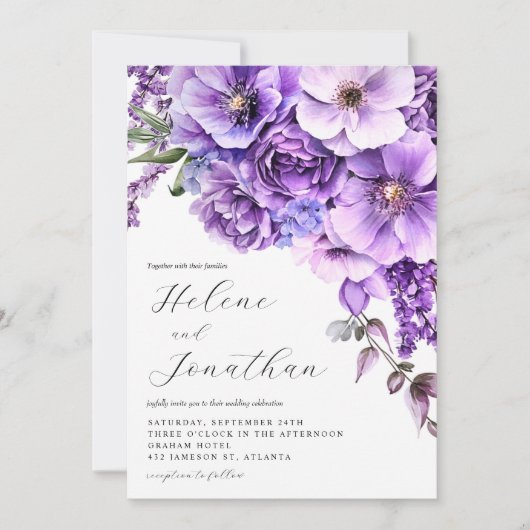 Paarse Lavendel Waterverf Tuin Elegant Huwelijk Kaart (Voorkant)