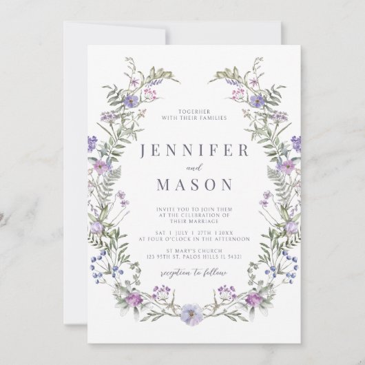 Paarse lavendel wildflower bruiloft uitnodiging (Voorkant)