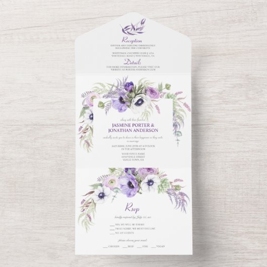 Paarse Lavendel & Witte Anemonen Bloemen | All In One Uitnodiging (Binnen)