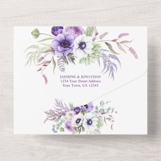 Paarse Lavendel & Witte Anemonen Bloemen | All In One Uitnodiging (Achterkant)